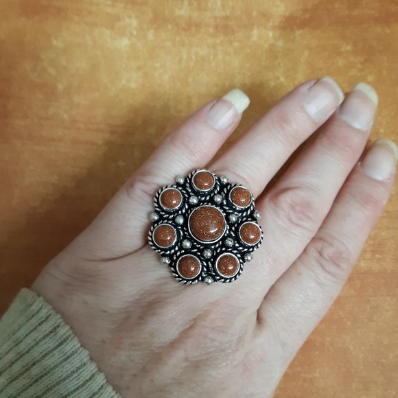 New Sunstone Sandstone Adjustable Silver Cocktail Ring. - Picture 7 of 8